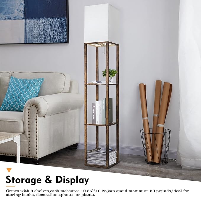 RUNTOP Floor Lamp with Shelves, Modern Shelf Lamp for Display Storage, 3 Color Temperature Wood Narrow Standing Corner Lamp with 8W Bulb for Living Room Decor, Bedroom, Office, Home Decor(Brown)