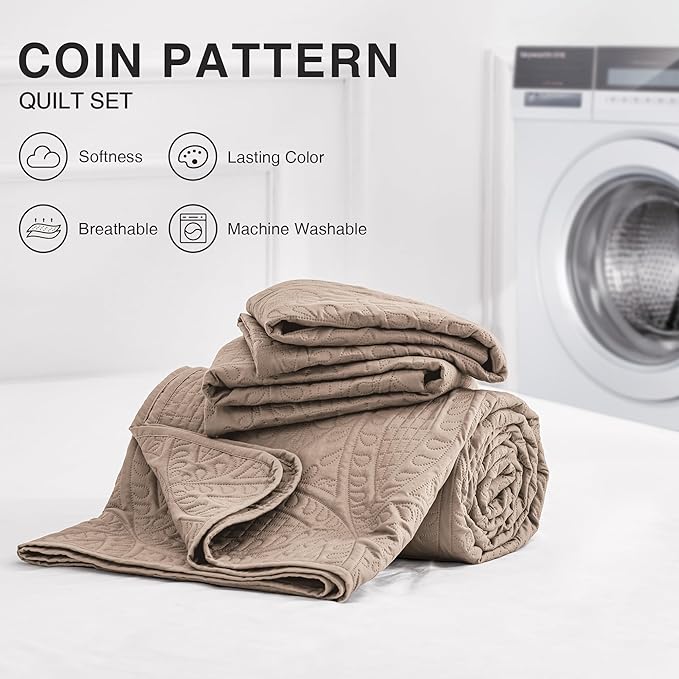 Love's cabin Quilts for Full Bed Burlwood Bedspreads Bedding Set - Lightweight Bedspread Comforter - Coin Pattern Bedding Coverlet for All Season - 3 Pieces (1 Quilt, 2 Pillow Shams)