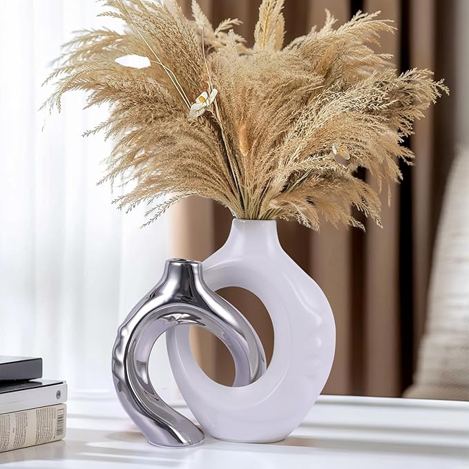 Silver Ceramic Vase Set of 2 for Modern Home Decor,Round Boho Vase for Pampas Grass,Neutral Minimalist Statue for Dining Room Table Centerpiece Dining Room,Wedding Table Decoration