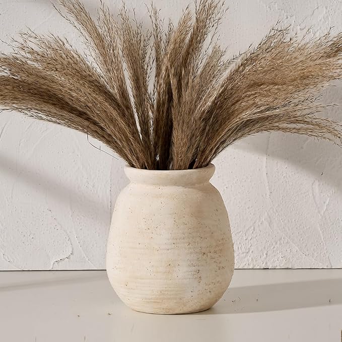 SIDUCAL Ceramic Rustic Farmhouse Vase | 7.3 Inch Pottery Decorative Flower for Home Decor | Sand Glaze Finish Boho Vase for Table, Living Room, Bathroom Decoration, Shelf Decor, Mantel, White