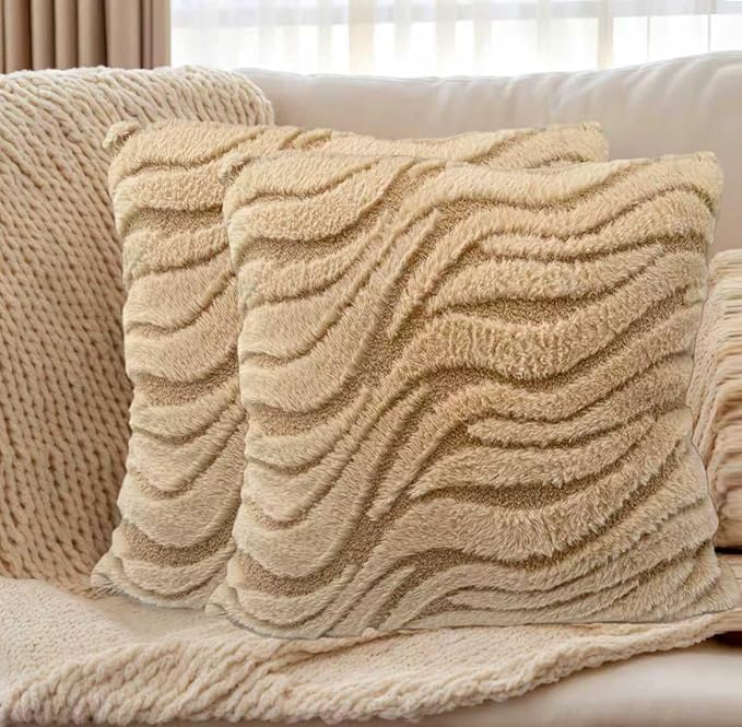 Khaki Pillow Covers 18" x 18" Striped Texture Decorative Pillow Covers for Couch Boho Tufted Fluffy Throw Pillow Covers for Outdoor Bed Sofa Chair Livingroom - 2 Pieces
