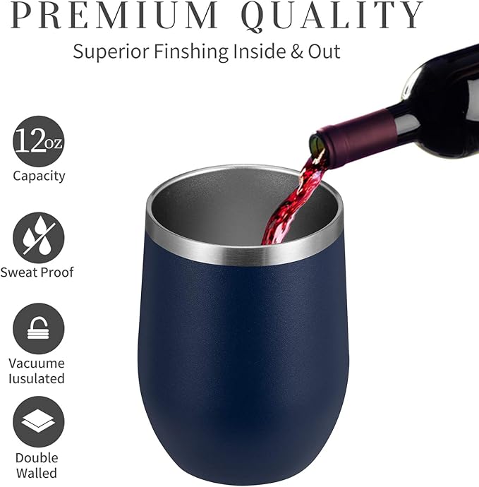 MEWAY 12oz/4 Pack Wine Tumbler Glasses with Lid - Stemless Double Wall Vacuum Stainless Steel Travel Tumbler - Keeping Cold & Hot for Wine,Coffee,Cocktails,Drinks-Family and Gifts (Navy,Set of 4)