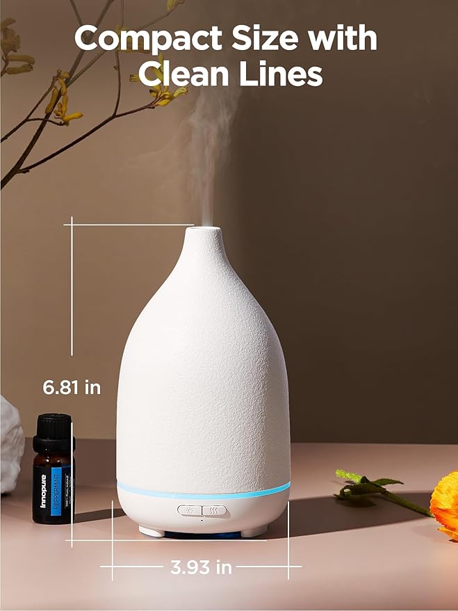 InnoGear Oil Diffuser, 150ML Ceramic Diffuser for Essential Oils Handcrafted Aromatherapy Diffuser Ultrasonic Cool Mist Humidifier with 2 Mist Modes Waterless Auto Off for Room Office, White Base