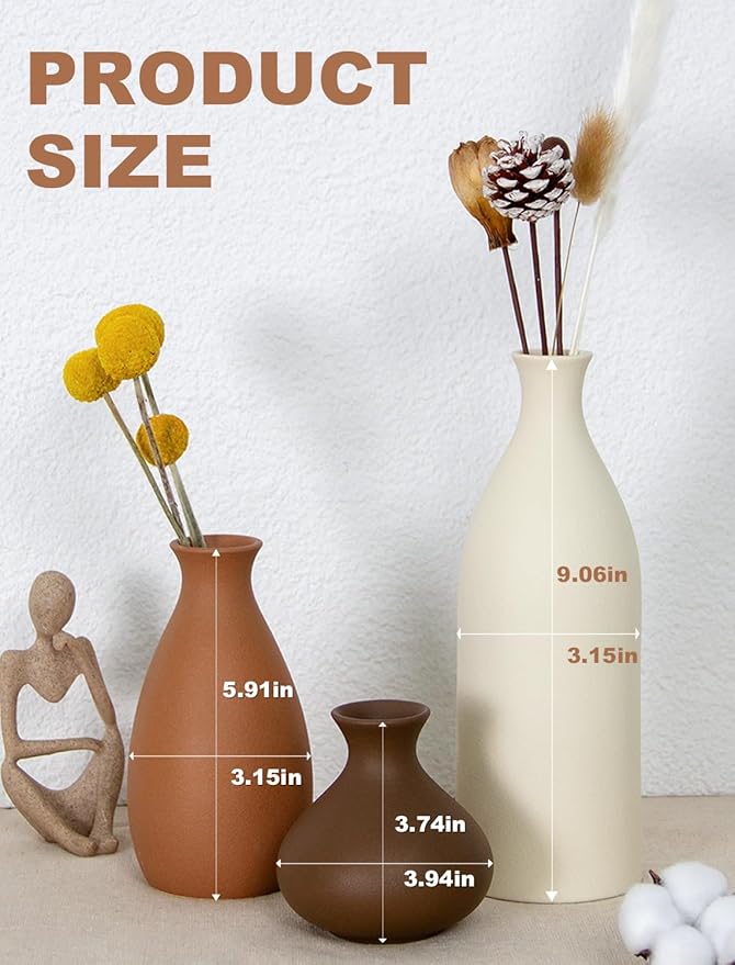 Ceramic Vase Set of 3 Modern Neutral, Flower Vases for Centerpieces, Vases Home Decor Rustic Farmhouse Decor for Table, Shelves, Enterway, Living Room, Bedroom, Office, Kitchen (Brown Grey White)