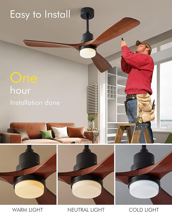 Ceiling Fans with Lights, 60" Wood Ceiling Fan with Remote Control, 3 Walnut Fan Blades Reversible Quiet DC Motor 6 Speeds Timing Farmhouse Ceiling Fan for Bedroom/Living Room/Study/Porch