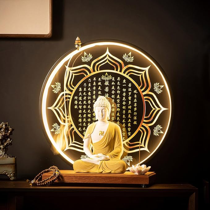 Shakyamuni Buddha Ceramic Statue Indoor Backflow Incense Burner with Led Ring Light Heart Meridian Painting，Meditation Decoration for Home and Office, Suitable for Cone and Stick Incense