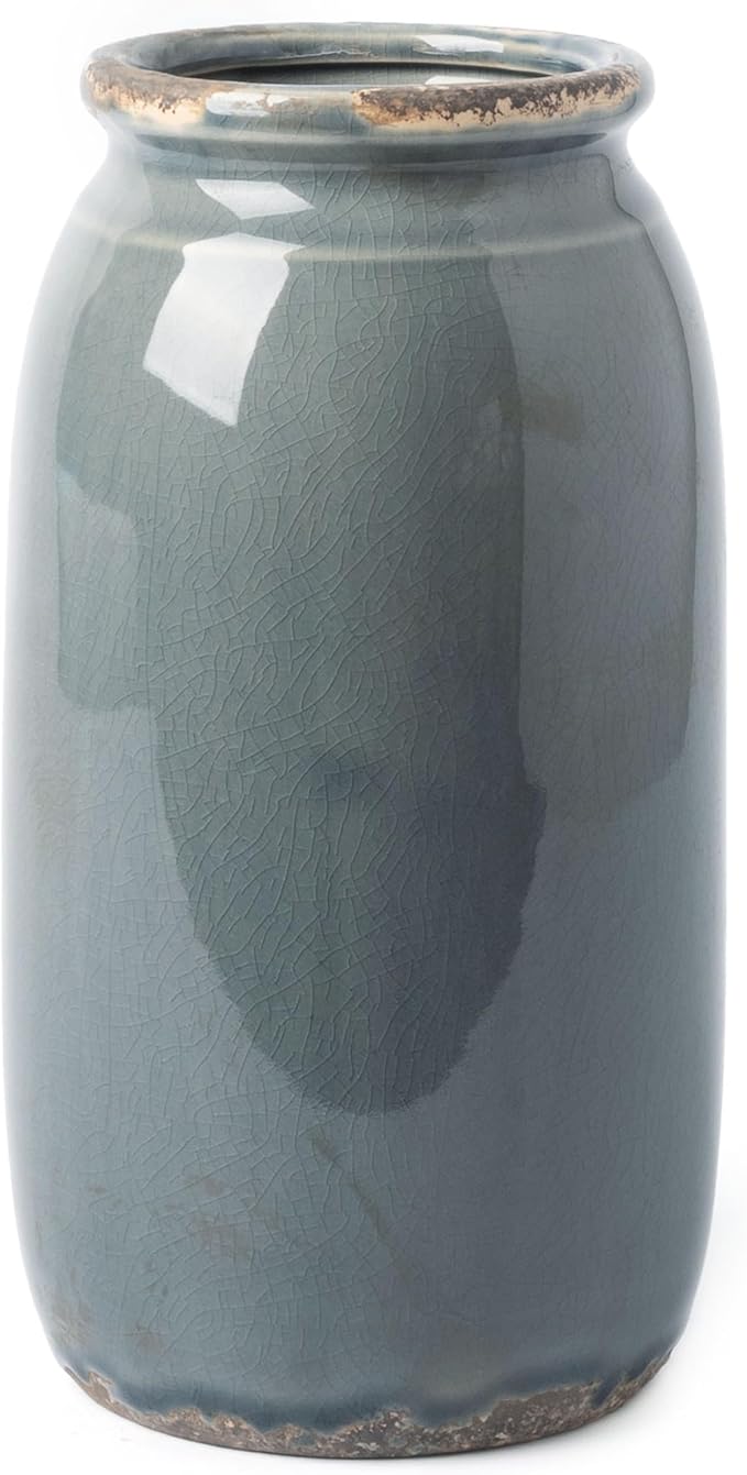 VICTOR & TERESA Rustic Blue and Grey Vase for Home Decor, Ceramic Vases for Flowers, Modern Farmhouse Decorative Vases for Pampas Grass,Table Accent, Mantel, Living Room,Bookshelf, Centerpieces, 8''