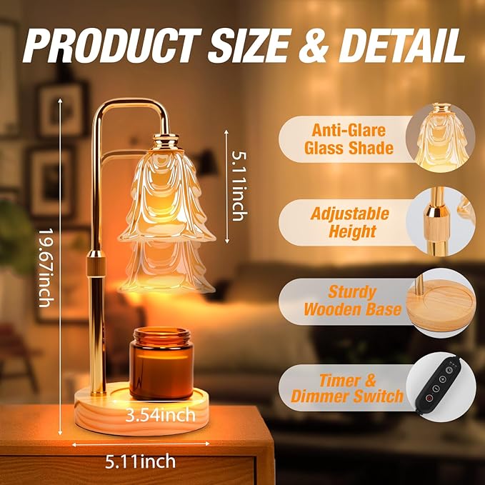 Candle Warmer Lamp with Timer and Dimmer, Electric Wax Warmers for Scented Candles with 5 Brightness Settings, Anti-Glare Lamp with Adjustable Height, Home Decor, Gift for Christmas, Birthday