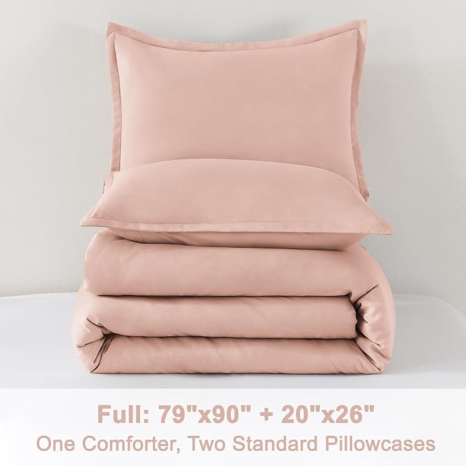 Litanika Pink Comforter Set Full Size for Girls, 3 Pieces Blush Women Plain Bedding Comforter Set, All Season Bed Set (79x90In Comforter & 2 Pillowcases)