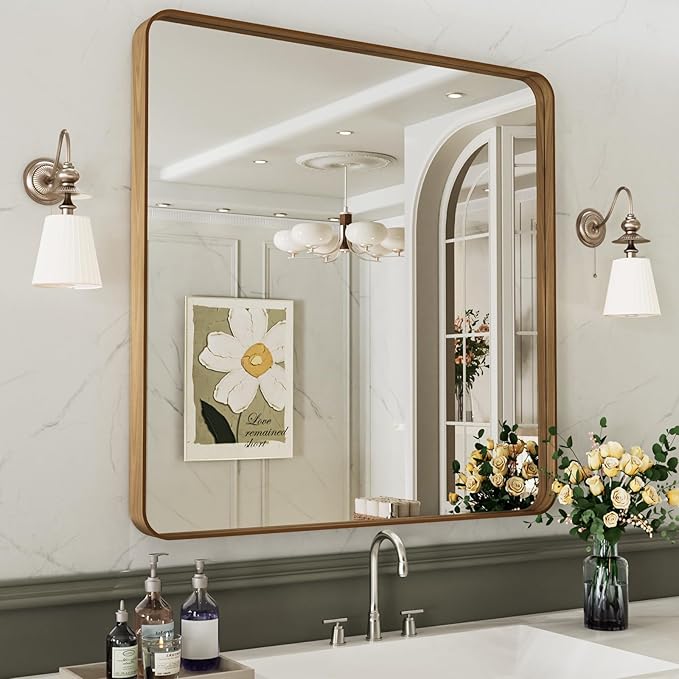 LOAAO 30X30 Bathroom Mirror with Wood Grain Colored Metal Frame, Rounded Rectangle Metal Framed Bathroom Mirror, Anti-Rust, Hangs Horizontally or Vertically
