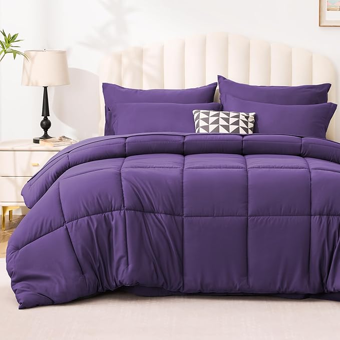 Love's cabin California King Comforter Set Dark Purple, 7 Pieces California King Bed in a Bag, All Season Bedding Sets with 1 Comforter, 1 Flat Sheet, 1 Fitted Sheet, 2 Pillowcase and 2 Pillow Sham