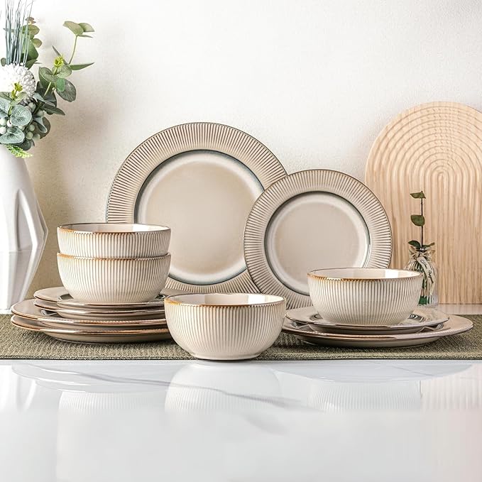 GBHOME Ceramic Dinnerware Sets, 24 Piece Embossed Elegant Stoneware Plates and Bowls Sets, Housewarming Wedding Gift | Dishwasher & Microwave Safe | Dishes Set Service for 8