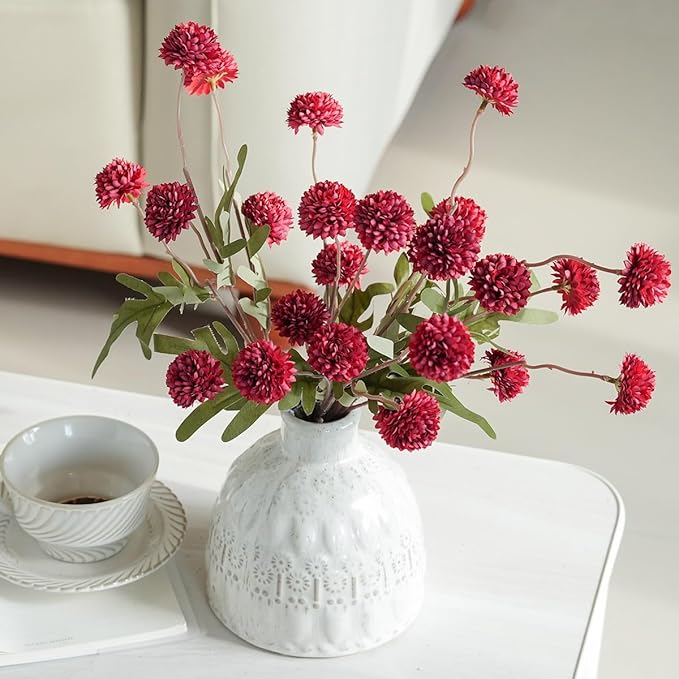 Artificial Kiku Flower Burgundy - 5 Pcs Fake Pompon Mums Silk Small Chrysanthemum Faux Ball Fall Flower Stem Decor for Autumn Wedding Filler DIY Bouquet Centerpieces Arrangements Shower (Burgundy)