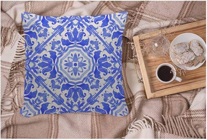 WONDERTIFY Throw Pillow Case Cover Portuguese Azulejo Tiles Talavera Geo Mexican Blue and White Gorgeous Design Soft Linen Pillow Case for Decorative Bedroom/Livingroom/Sofa Cushion Covers 18x18 Inch