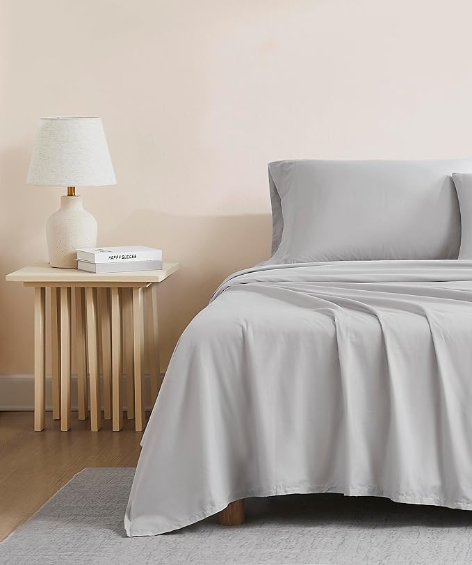 Linen Closet Organic 100% Cotton Twin XL Bed Sheet 3 Pcs Set– Light Grey Crisp Percale, Deep Pocket up to 16” – Lightweight, Breathable & Naturally Cooling – Ideal for College Dorm, Soft & Comfy