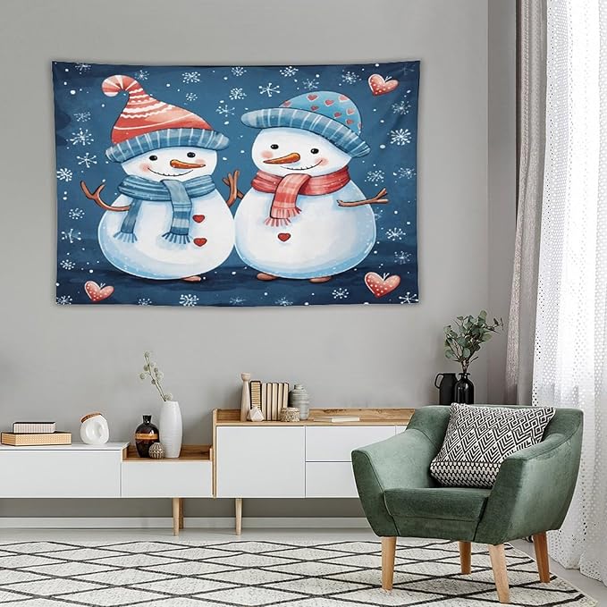MaSiledy Snowman Couple Tapestries Funny Cute Snowman with Hat And Scarf Tapestries for Bedroom Aesthetic Landscape Tapestry Wall Hanging Decor Home Decoration for Bedroom Living Room Dorm 40"x60"
