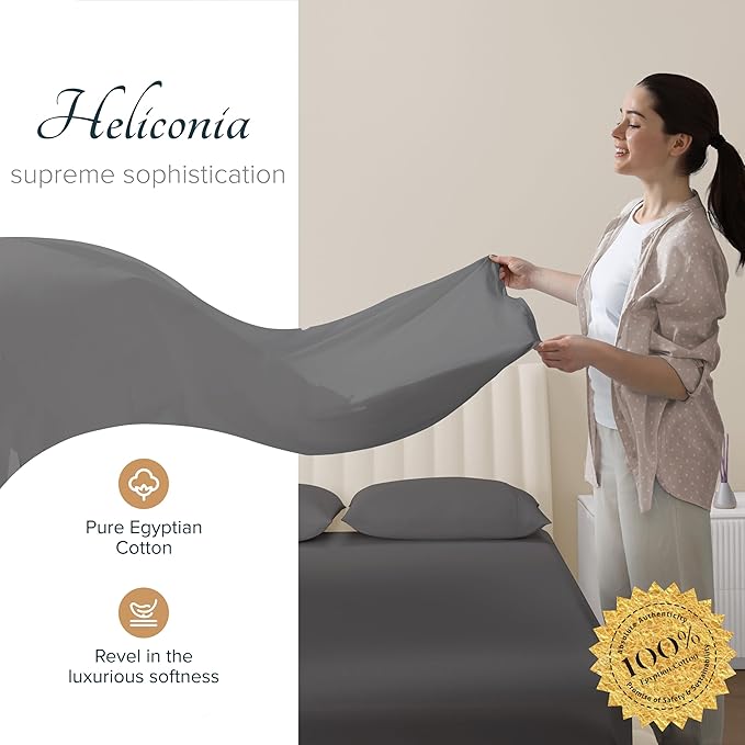 Carressa Linen Egyptian Cotton Sheets - 1500 Thread Count 4 PC King Sheet Set Egyptian Cotton, Luxury Damask Sheets King Size, Silky Soft, Cooling Deep Pocket Sheet, Fits Upto 19" - Dark Grey Stripe