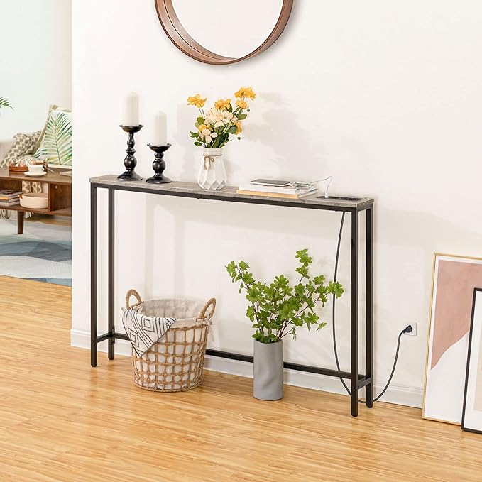 HOOBRO 47.2" Skinny Console Table with Power Outlets, 5.9" Behind Couch Table with Charging Station, Narrow Sofa Table, Long Entryway Table for Living Room, Hallway, Foyer, Greige BG15XG01G1