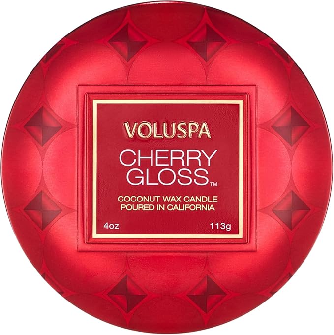 Voluspa Cherry Gloss Mini Tin Candle, 4 oz, Coconut Wax Blend, Scented Candles for Home, 25 Hour Burn Time, Fruity Candle, Handcrafted in The USA