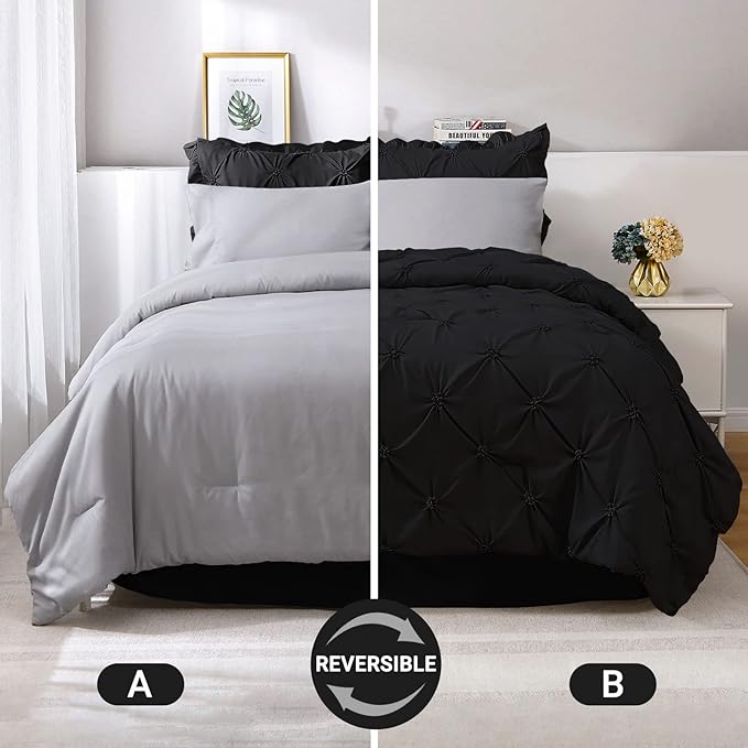 JOLLYVOGUE Black/Gray Bed in a Bag Comforter Set for Bedroom, Pintuck Full Size Comforter Sets 7 Pieces, Bedding Comforter Sets with Comforter, Sheets,Ruffled Shams & Pillowcases