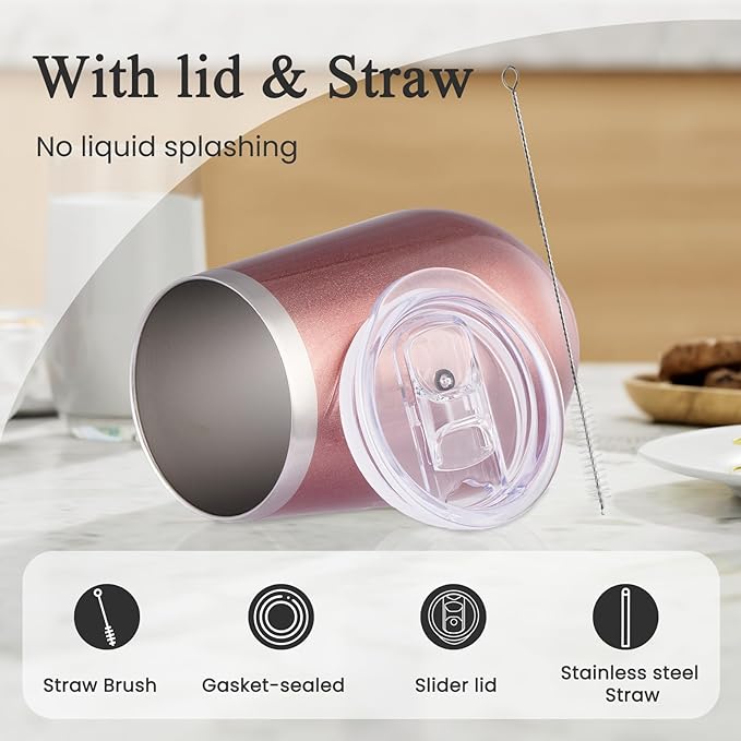 MEWAY Stainless Steel Wine Tumbler with Lid and Straw 12oz - Stemless Insulated Wine Cup Glasses for Coffee,Cocktails,Drinks,Champagne, and Office Use, Ideal for Parties and Gifts(Rose Gold. Set of 4)