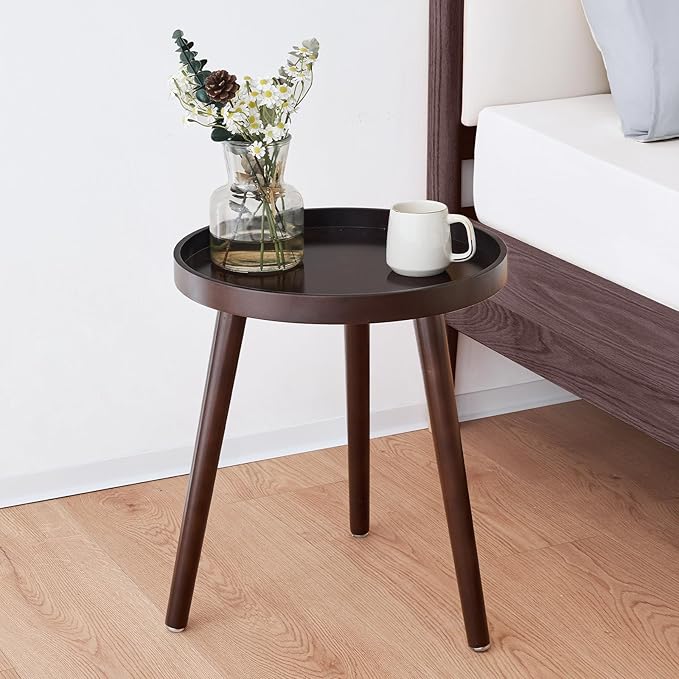 Apicizon Brown Round Side Table Set of 2, Tray Nightstand Sofa Coffee End Table for Living Room, Bedroom, Small Spaces, Easy Assembly Bedside Table, 15 x 18 Inches, Brown