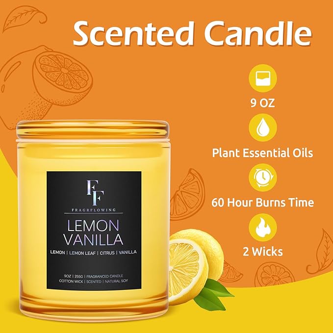 Lemon Vanilla Scented Candle, 2-Wick Luxury Soy Wax Candle, 9 oz Aromatherapy Candle Home Fragrance Candles Gift