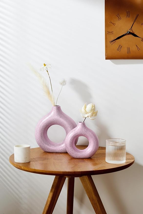 Set of 2 Donut Hollow Ceramic Vase Handmade Minimalist Boho ins Style, Modern Vase for Home Decor for Wedding Dinner Table Party Living Room Office Bedroom (Purple-Gold, Extra Large + Large)