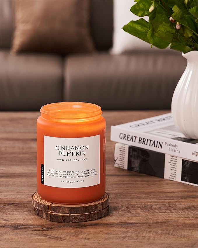 M&SENSE Cinnamon Pumpkin Fall Scented Candles, 19.4oz Soy Natural Candles 110 Hours Long Lasting Slow Burning Halloween Autumn Candle Gifts for Home Decor