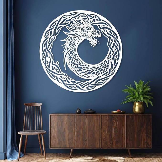 Viking Ouroboros Metal Wall Art, Viking Metal Wall Decor, Celtic Knot Wall Hanging, Nordic Dragon Decor, Scandinavian Sign, Vegvisir Art, Norse Mythology Home Decor (Gold, 35"x35"|90x90cm)