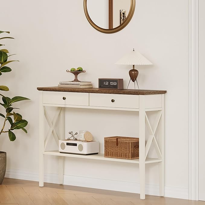 ChooChoo Farmhouse Console Table with Drawers, Narrow Wood Accent Sofa Table Entryway Table with Storage Shelf for Entryway, Front Hall, Hallway, Living Room, Antique White & Brown