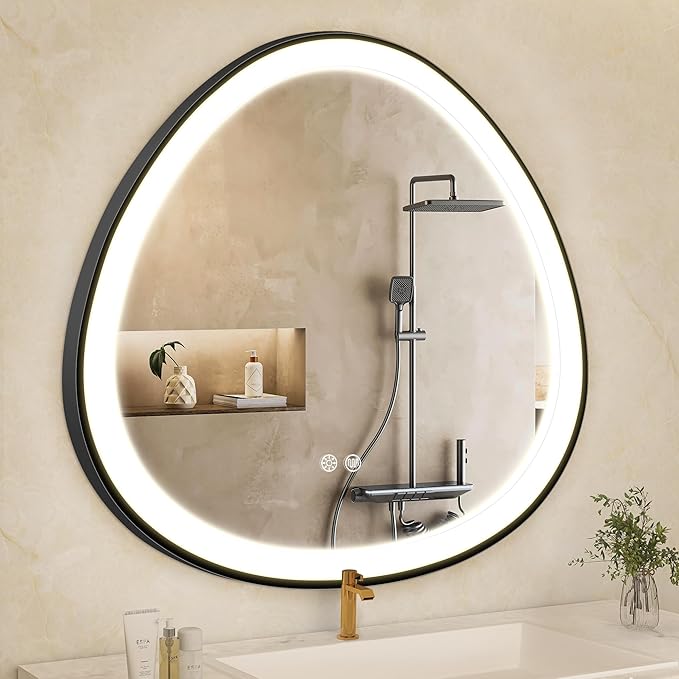 S'bagno 24 Inch LED-Bathroom-Mirror-with-Black-Frame, Lighted-Bathroom-Mirror-Brightness-Dimmable, Anti-Fog, 3 Lights Colors, Wall-Mounted-LED-Mirror-for-Bathroom with Smart Touch Button