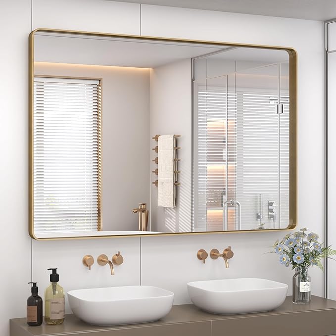 48x36 Inch Gold Bathroom Mirror, Brushed Metal Framed Gold Wall Mirror, Modern Rounded Rectangle Brass Vanity Mirror, Shatterproof, Anti-Rust (Horizontal/Vertical)