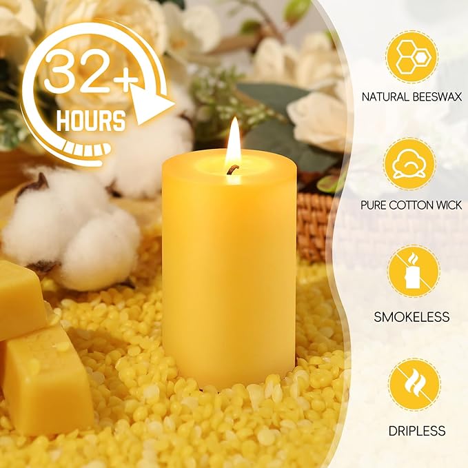 8 Packs Natural Beeswax Pillar Candles, 2x3in Organic Pillar Candles-256 Hours Pure Beeswax Candles Long Burning Time Smokeless Dripless Bees Wax Candle for Home Paryer Relax