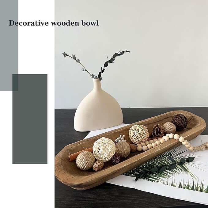 Wooden Dough Bowls for Decor, Vintage Wooden Bowl Hand Carved Home Decor for Dining Table Center, Living Room, Kitchen Decor. (20in Brown)