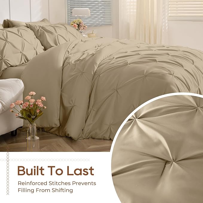 Sasttie Twin XL Comforter Set, 5-Piece Bed in a Bag, Pintuck Bedding Sets for All Season, Includes Comforter, Flat Sheet, Fitted Sheet, Pillowcase and Pillowsham, Dark Linen