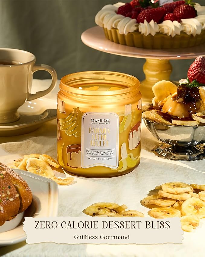 M&SENSE Banana Cream Pudding Scented Candle, 11.6oz Natural Soy Wax, 70 Hours Long Lasting Clean Burn, Holiday Jar Candle for Home Decor, Non-Toxic Relaxing Aromatherapy Gifts for Women