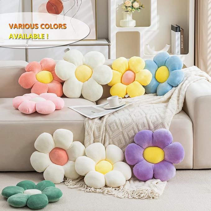 3Pcs Flower Pillow - Flower Shaped Throw Pillow Seating Cushion, Cute Daisy Flower Pillow Floor Pillows for Adults Kids Home Bedroom Sofa Chair Couch Decor (White/Green/Purple, 15.74 in+19.68 in)