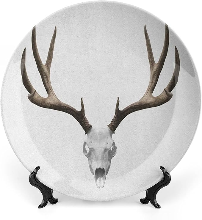 7 Inch Decorative Plate,Antlers Ceramic Plate, Deer Skull Skeleton Head Bone Halloween Print Ornament Display Plate for Dining Table Setting, Wedding Reception Decorations, Christmas Tablescape