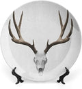 XISUNYA 10 Inch Decorative Plate, Antlers Ceramic Stoneware, Deer Skull Skeleton Head Bone Halloween Print Ceramic Display Plate for Decorative Ornaments Giving Plates, 1 Plate with 1 Display Stand
