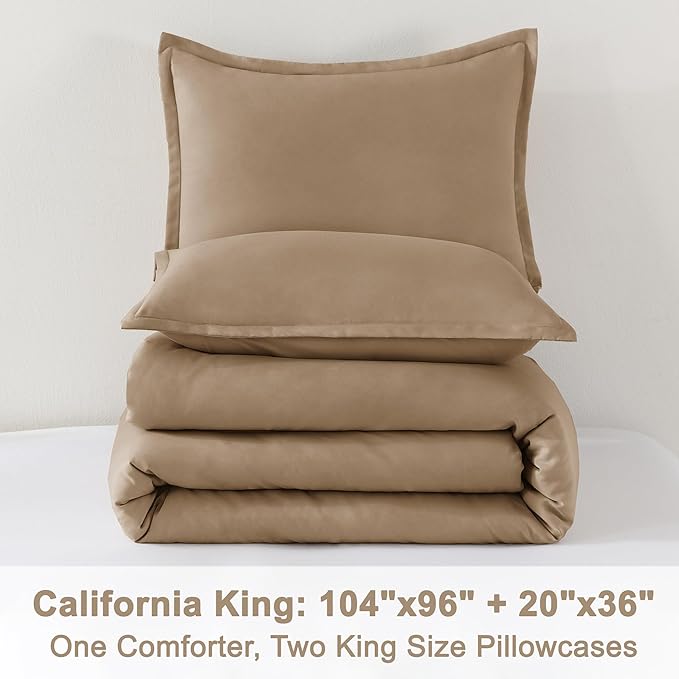 Litanika California King Size Taupe Comforter Set, 3 Pieces Cal King Solid Bedding Comforter Set, All Season Fluffy Bed Set (104x96In Comforter & 2 Pillowcases)