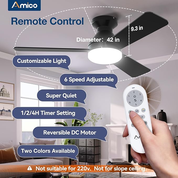Amico Ceiling Fans with Lights, 42 inch Low Profile Ceiling fan with Light and Remote Control, Flush Mount, Reversible, 3CCT, Dimmable, Noiseless, Black Ceiling Fan for Bedroom, Indoor/Outdoor Use