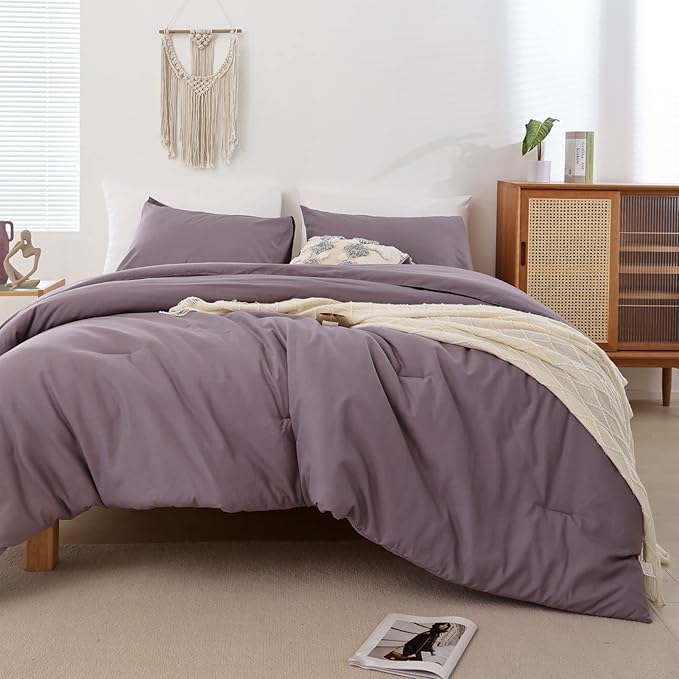 ROSGONIA Dusty Purple Comforter Set Queen, 3pcs (1 Boho Comforter & 2 Pillowcases) All Season Bedding Lightweight Bedspread Blanket Quilt Bed