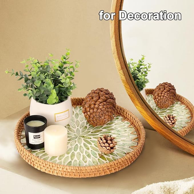 Round Rattan Tray with Mother of Pearl Inlay, Rattan Serving Tray for Coffee, Bread, Fruits, Decorative Wicker Tray for Table Decor, Home Decor, Kitchen Island Decor (Green Leaf, 11.8")