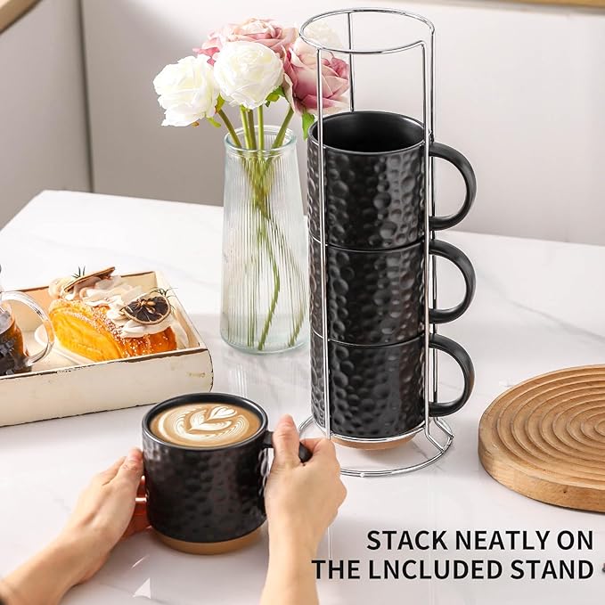 Nihow Ceramic Coffee Mug Set of 4, 16OZ Stackable Coffee Mug Set with Stainless Stand,Large Cup Set for Cappuccino,Tea,Hot/Cold Drinks,Dishwasher & Microwave Safe,Matte Black