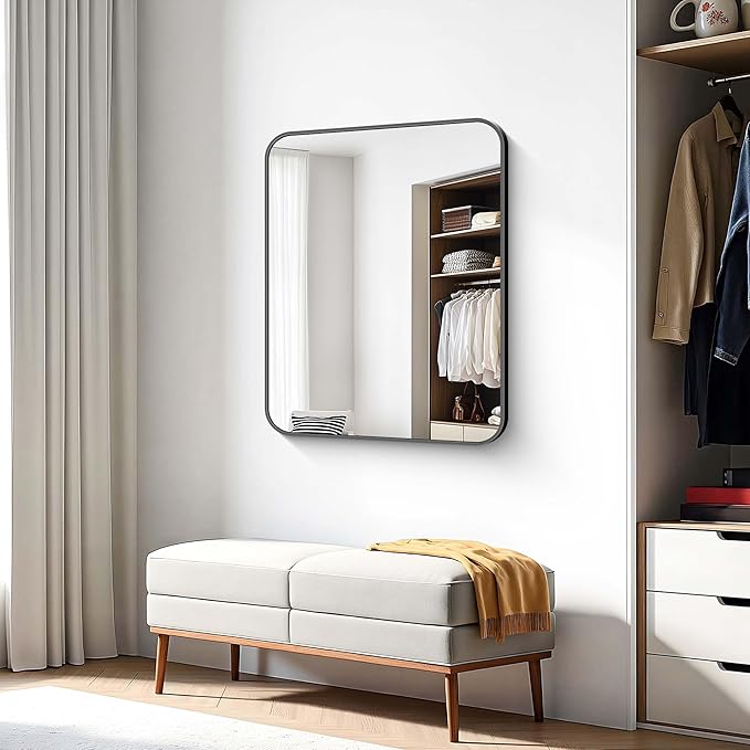 Bathroom Mirror, 36 x 30 inch Metal Framed Black Rectangle Mirror, Rounded Corner Rectangular Vanity Mirror, Wall Mounted Mirror for Modern Bedroom Living Room Hangs Horizontal or Vertical