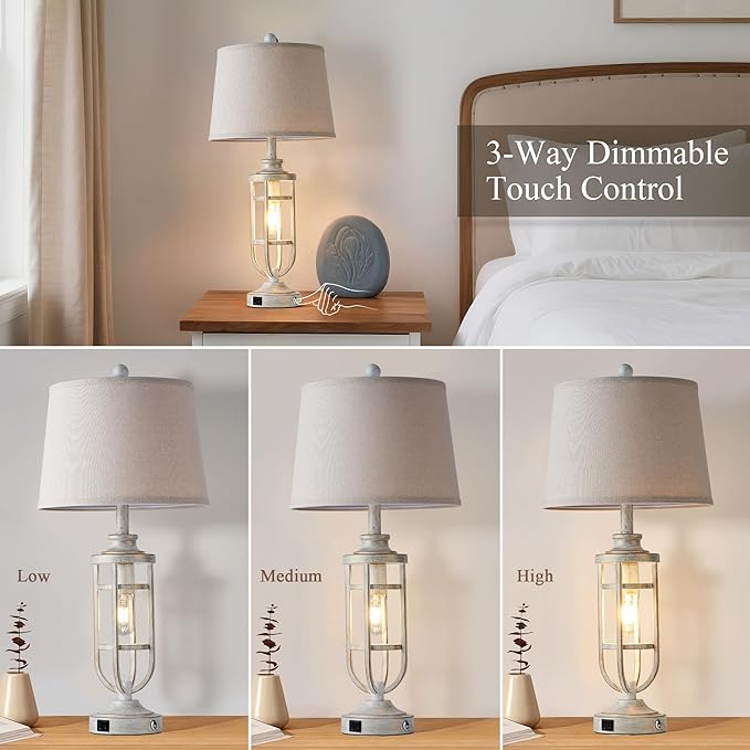 28" Table Lamps for Living Room Set of 2, Farmhouse Touch Lamps for Nightstand with USB A+C, Vintage Bedside Lamps for Bedroom End Tables, Bulbs Included