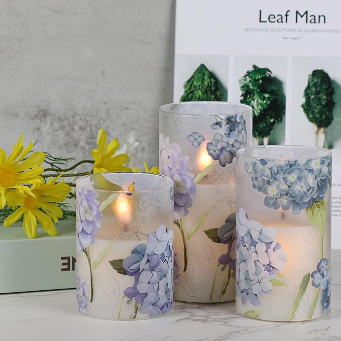 DRomance Hydrangea Glass Flameless Candles with Remote Timer Battery Operated LED Flickering Pillar Candles Real Wax Spring Dinner Christmas Holiday Decor D3 x H4, 5", 6"