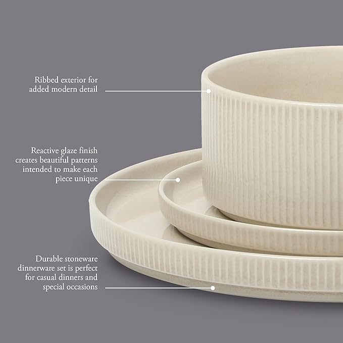 Gibson Elite Solana Coast 12 Piece Stoneware Reactive Glaze (Service for 4) Ceramic Plates and Bowls Modern Shape Embossed Dinnerware Set - Cream White