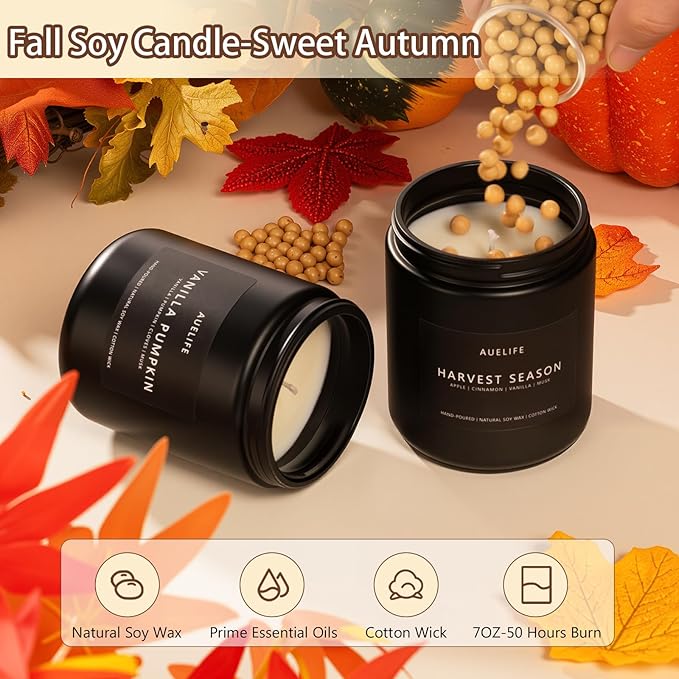 Fall Candles, 4 Pack Soy Candles Set - Autumn Scents of Vanilla Pumpkin, Cinnamon Apple, Harvest Season, Maple Syrup Latte, Aromatherapy Fall Gifts for Men & Women, Thanksgiving Home Decor